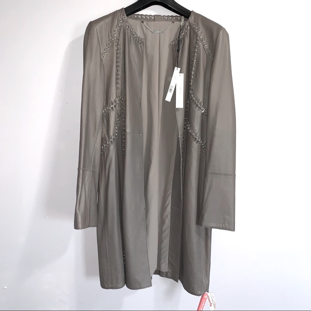 👽 Tahari 👽Veeda Stitch Embellished Leather Coat - Picture 2 of 9